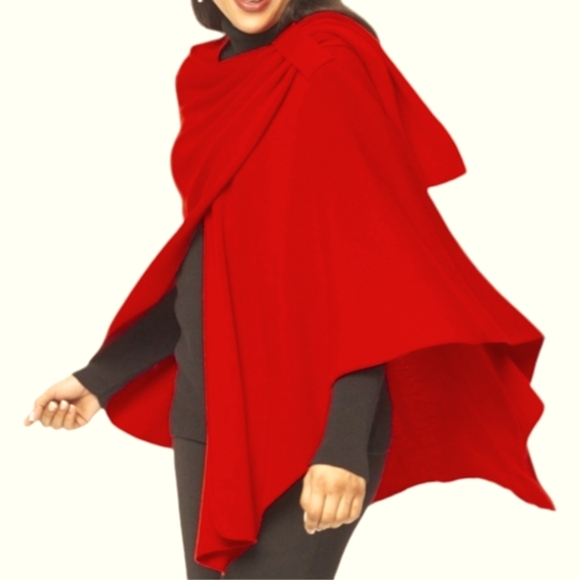 Parkhurst Sweaters - Parkhurst Red Merino Wool Knit Shawl Wrap Womens OS Classic Wardrobe Staple